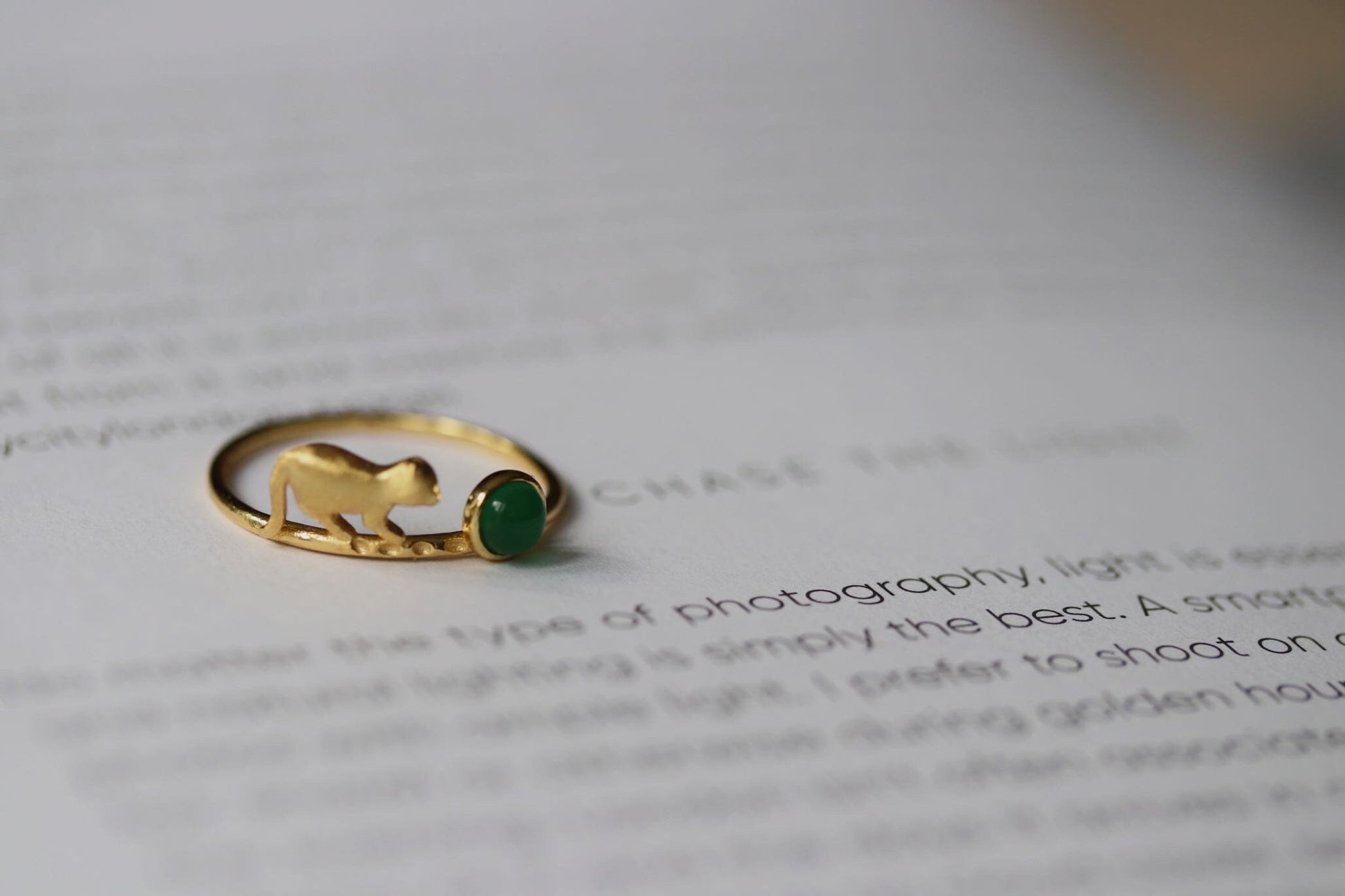 Gold Vermeil Cat and Green Gemstone Ring with jade accent, minimalist open ring for animal lovers.