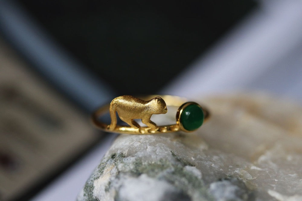 Gold Vermeil Cat and Green Gemstone Ring with jade accent, minimalist open ring for animal lovers.