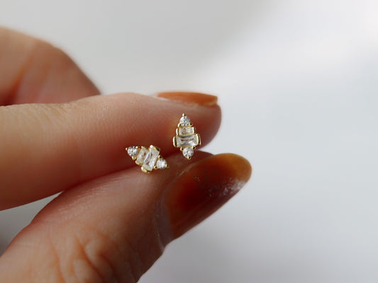 Close-up image of Sterling Silver/Gold Vermeil Crystal Baguette Stud Earrings, featuring minimalist rectangular geometric design with sparkling crystal baguette stones.