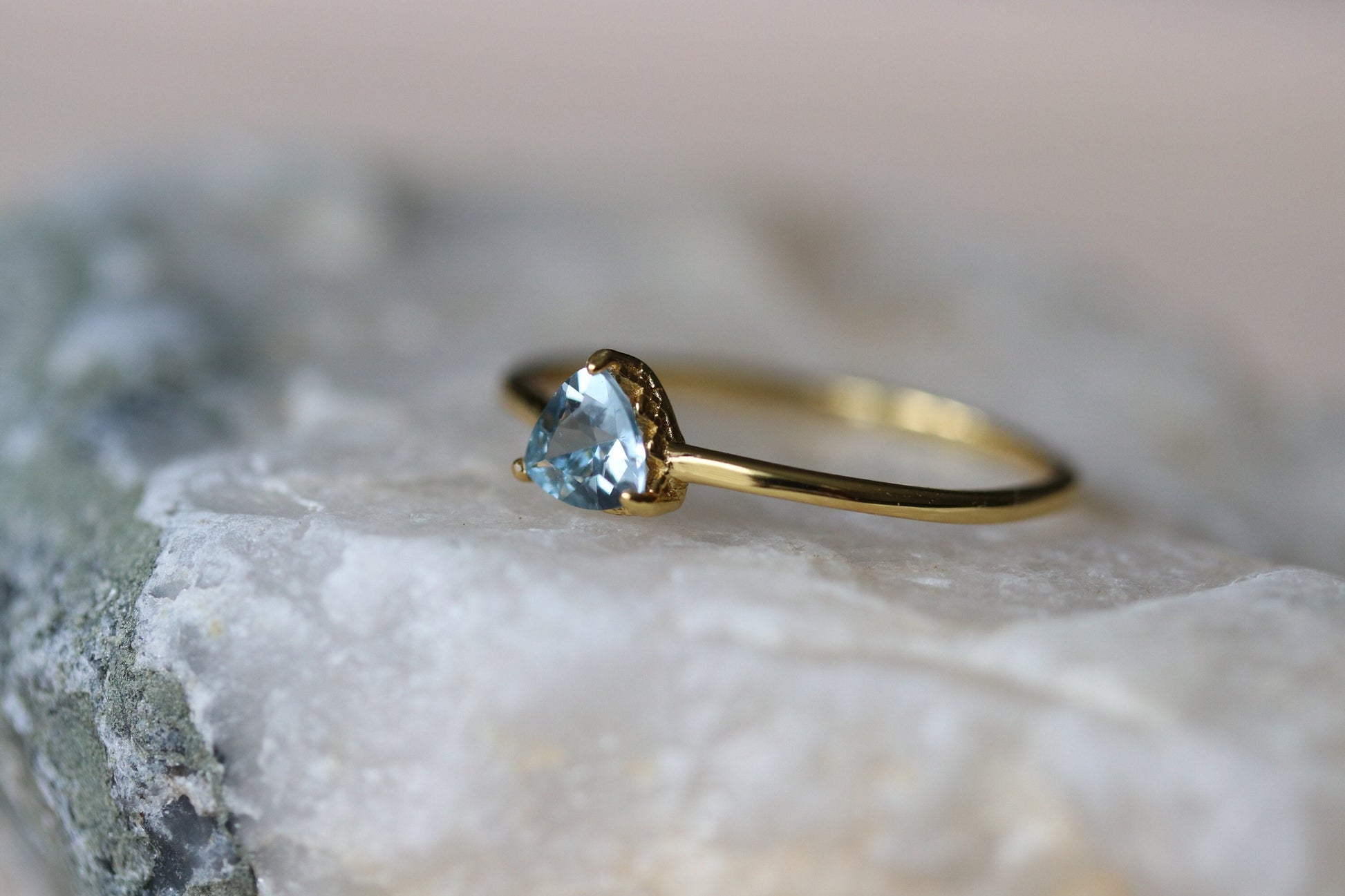 Gold Vermeil Vintage Blue Topaz Ring with natural CZ accents, delicate gemstone ring with trilliant-cut crystal.

