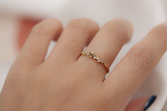 Gold Vermeil Star Cluster Ring with starburst accents, dainty celestial stacking ring, and sparkling CZ crystals.