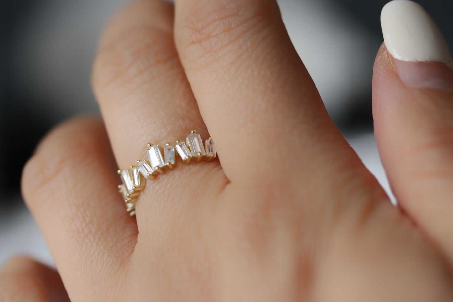 Sterling Silver/Gold Vermeil Baguette Crystal Ring with sparkling CZ stones, perfect as a dainty stackable ring or delicate solo piece