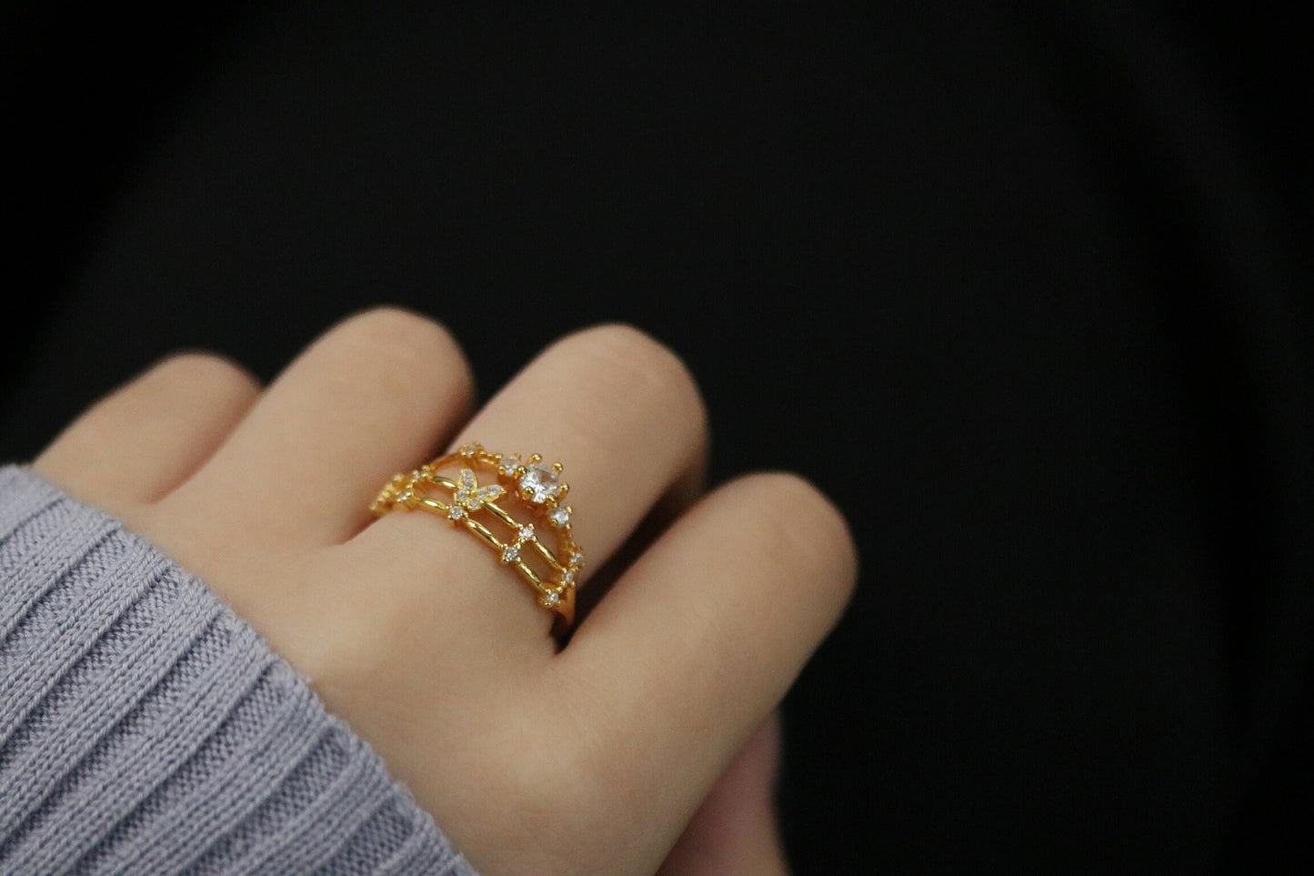 Gold Vermeil Butterfly Cluster Crystal Ring with delicate butterfly and diamond-like crystal accents, elegant and nature-inspired design.