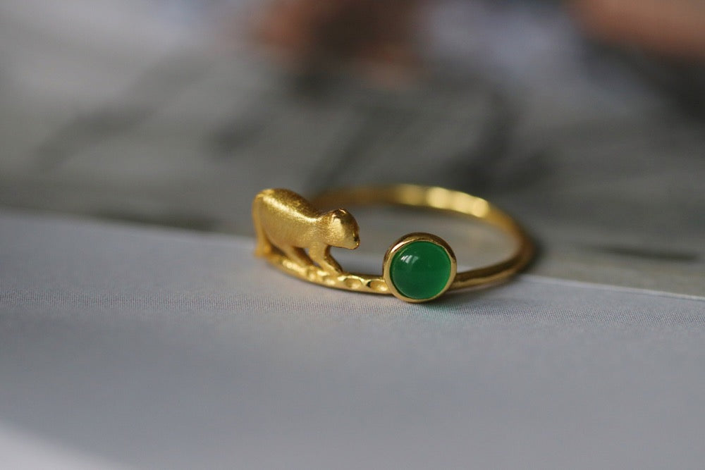 Gold Vermeil Cat and Green Gemstone Ring with jade accent, minimalist open ring for animal lovers.