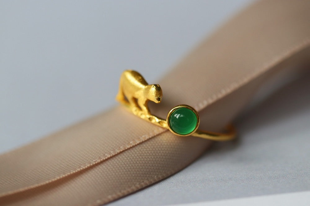 Gold Vermeil Cat and Green Gemstone Ring with jade accent, minimalist open ring for animal lovers.