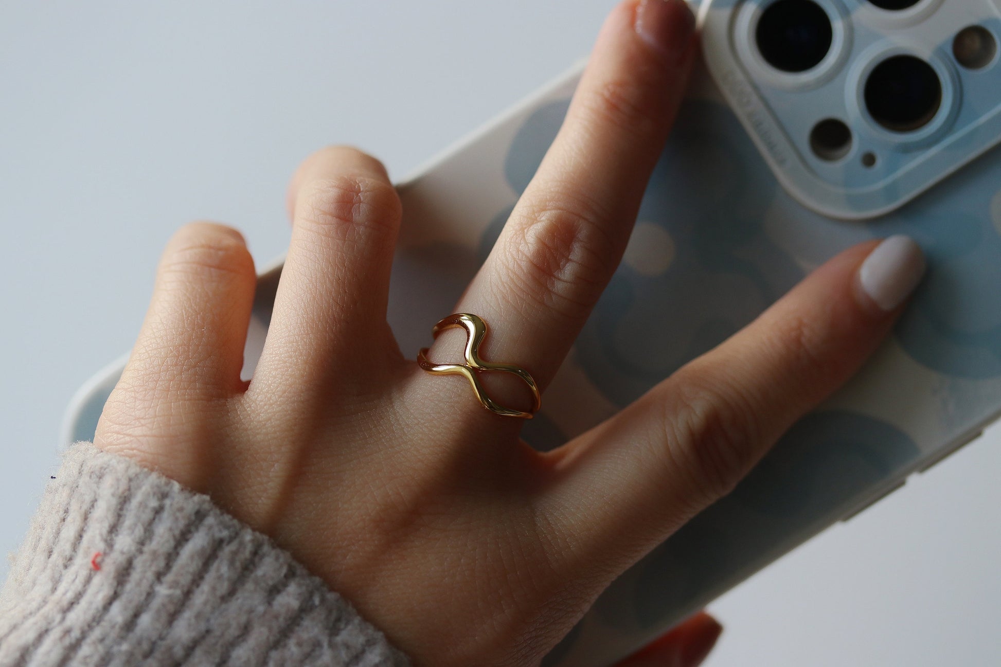 Gold Vermeil/Sterling Silver Wave Adjustable Ring with minimalist double-layer design, polished and luxurious finish, perfect for stacking or wearing solo.