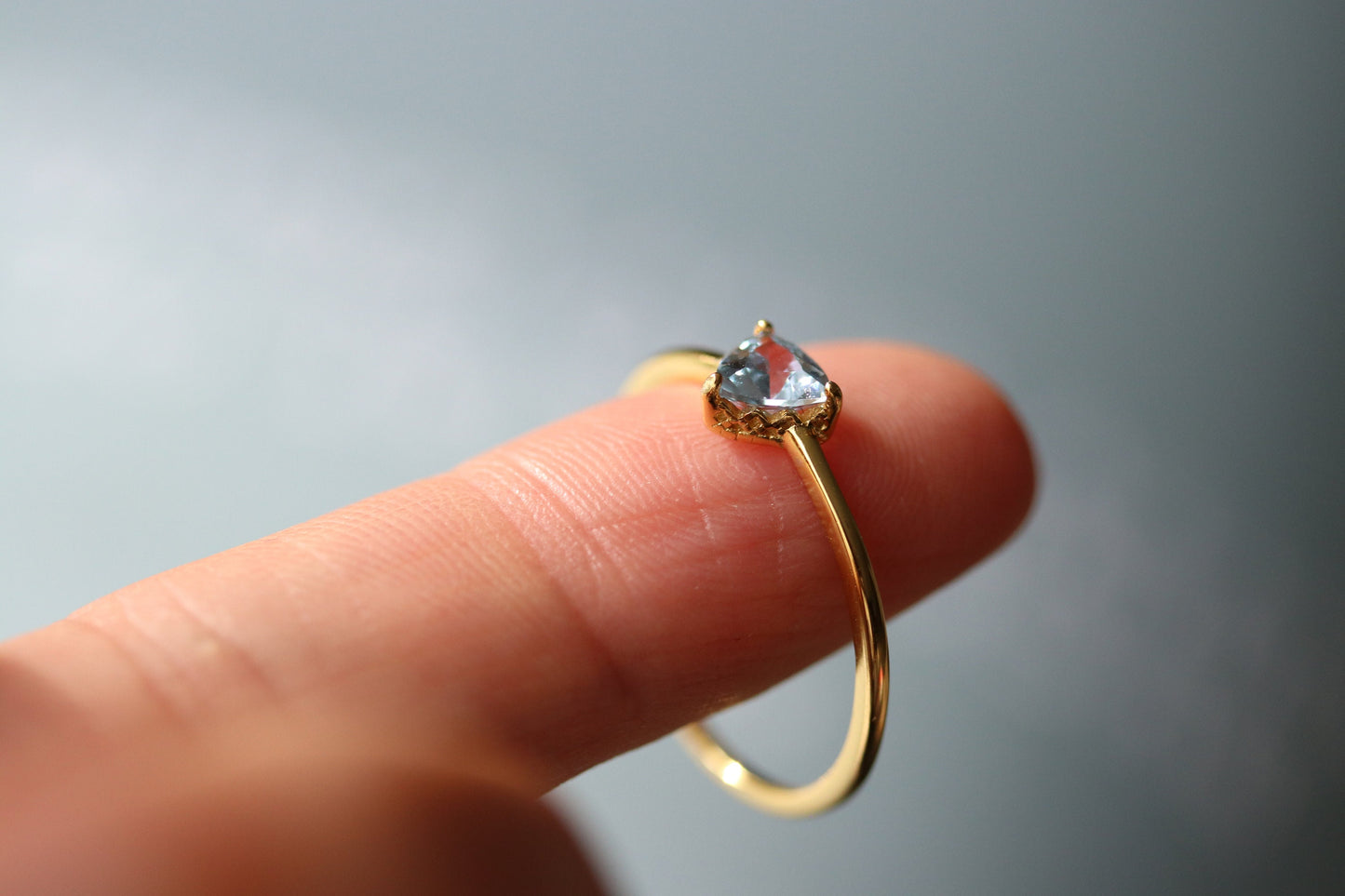 Gold Vermeil Vintage Blue Topaz Ring with natural CZ accents, delicate gemstone ring with trilliant-cut crystal.

