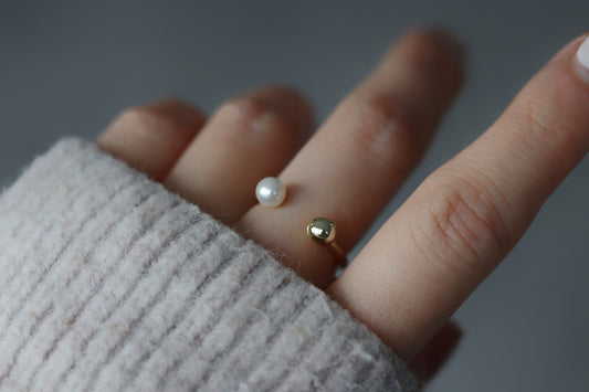 Gold Vermeil or Sterling Silver Minimalist Pearl Open Ring with a dainty pearl accent and polished ball, adjustable for comfortable wear. Elegant and simple design perfect for layering or solo wear.