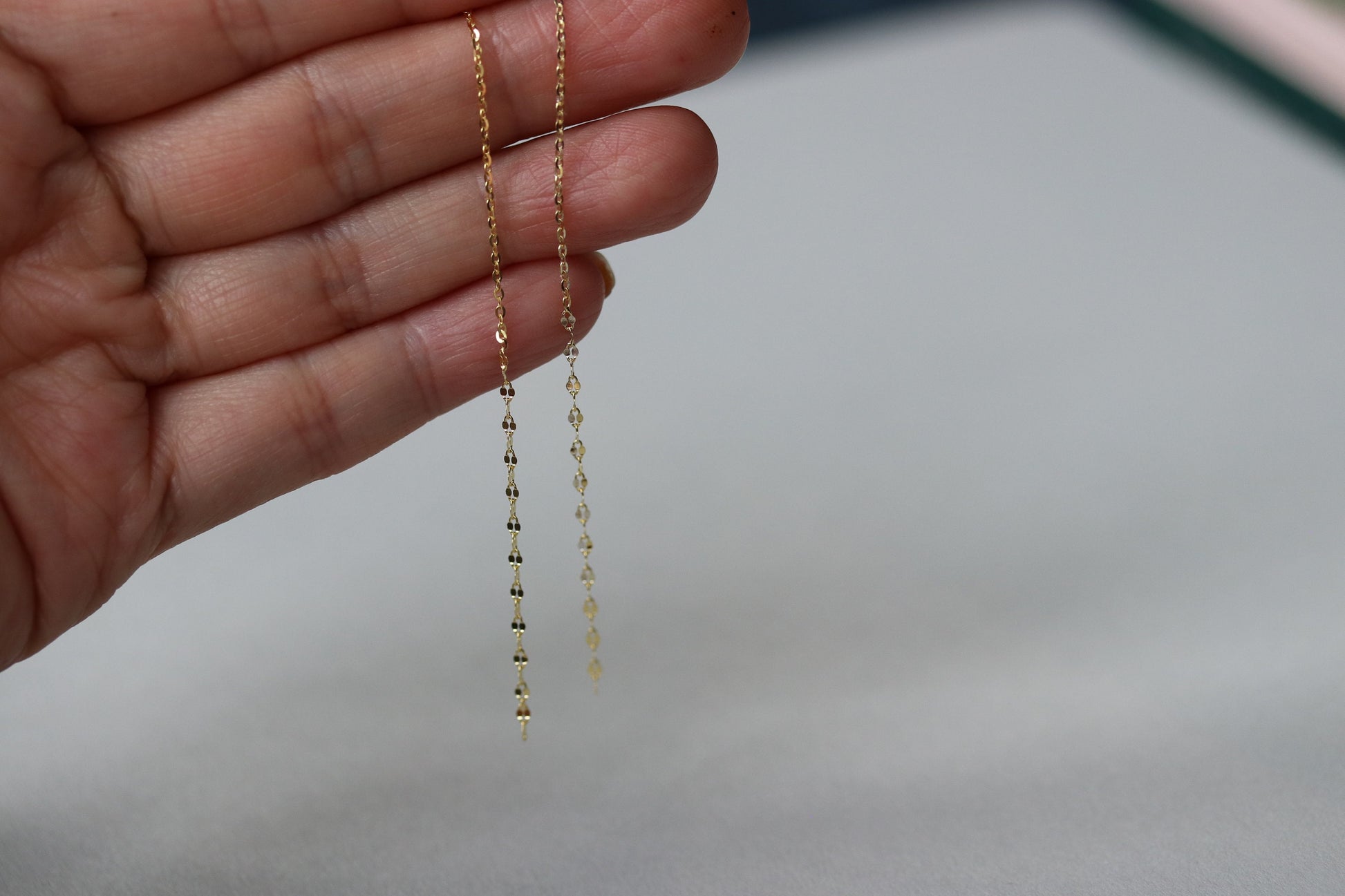 Sterling Silver/Gold Vermeil Long Chain Threader Earrings with tassel dangle drop design, offering a sleek, minimalist look. Perfect for adding elegance and movement to any outfit, these lightweight earrings are available in both sterling silver and gold vermeil