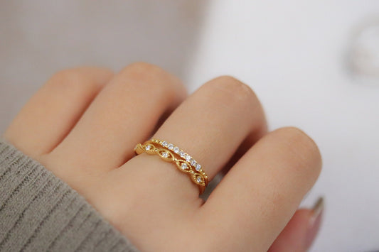 Gold Vermeil Thin CZ Pave Band with sparkling cubic zirconia, dainty stacking eternity ring.