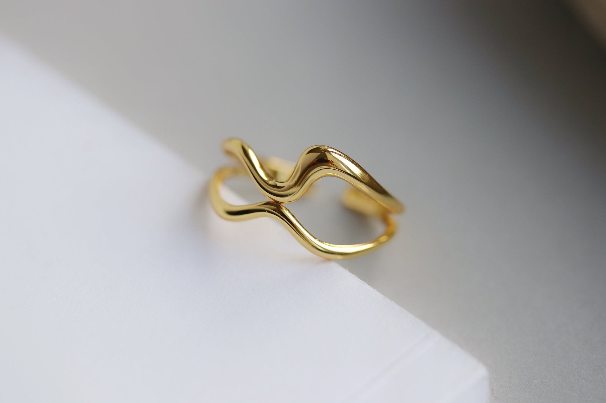 Gold Vermeil/Sterling Silver Wave Adjustable Ring with minimalist double-layer design, polished and luxurious finish, perfect for stacking or wearing solo.