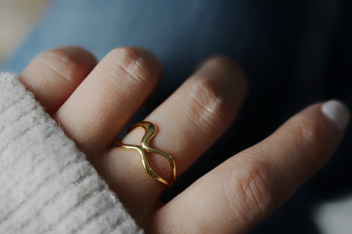 Gold Vermeil/Sterling Silver Wave Adjustable Ring with minimalist double-layer design, polished and luxurious finish, perfect for stacking or wearing solo.