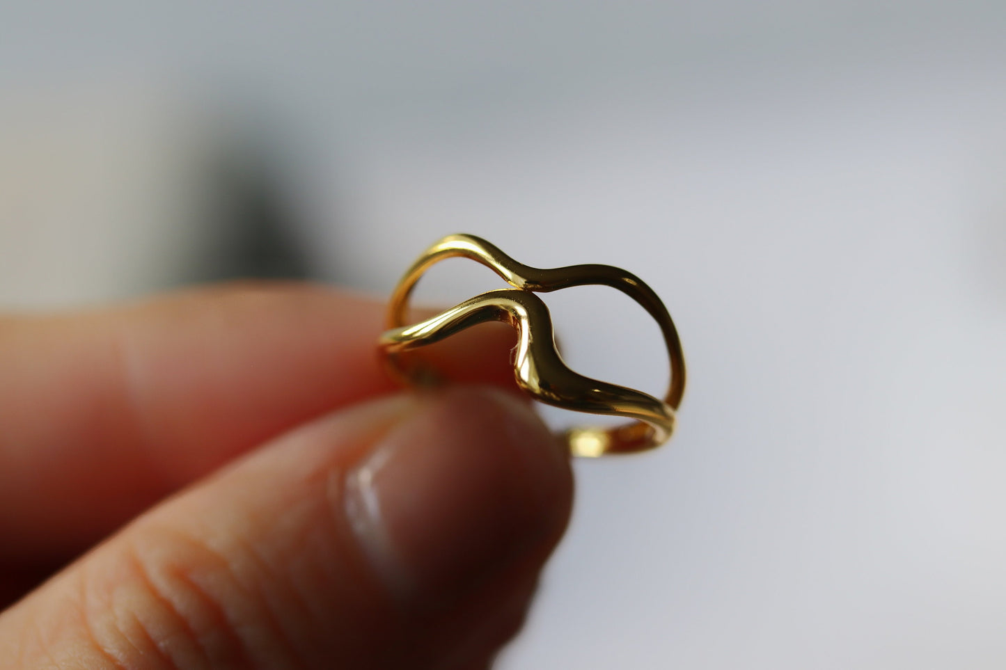 Gold Vermeil/Sterling Silver Wave Adjustable Ring with minimalist double-layer design, polished and luxurious finish, perfect for stacking or wearing solo.