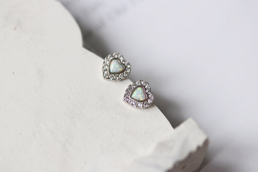 Gold Vermeil/Sterling Silver Opal Heart Stud Earrings featuring a vintage-inspired heart design adorned with sparkling cubic zirconia and a colorful opal centerpiece. These lightweight and elegant earrings are perfect for everyday wear or special occasions, blending classic charm with modern sophistication.