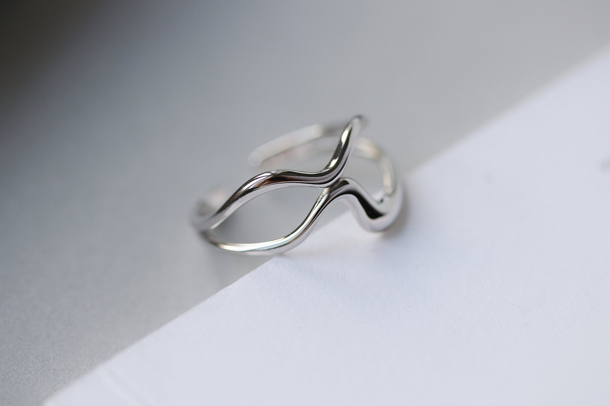 Gold Vermeil/Sterling Silver Wave Adjustable Ring with minimalist double-layer design, polished and luxurious finish, perfect for stacking or wearing solo.