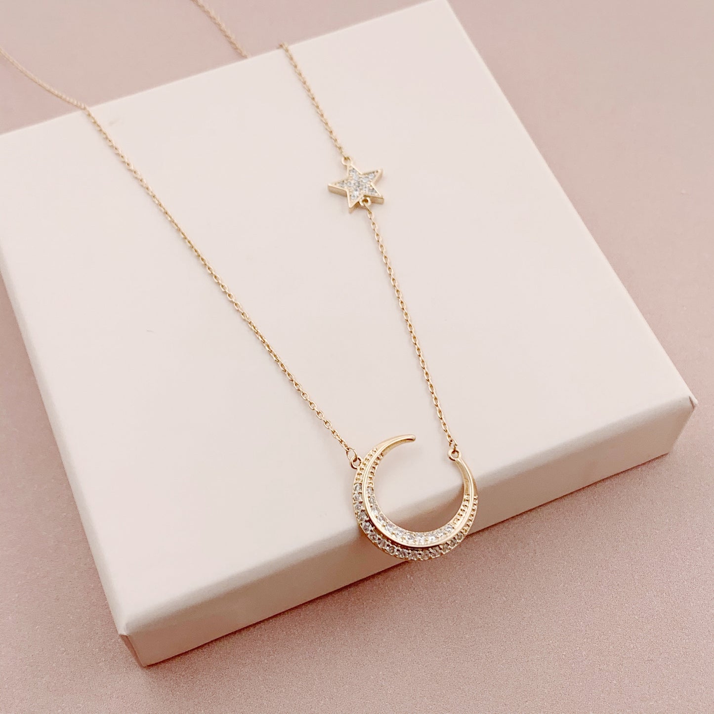 Star to the Moon Necklace, CZ Pave Moon Star Pendant, Gold Delicate Crescent Moon Necklace, Water Proof Minimalist Jewelry / Gift For Her