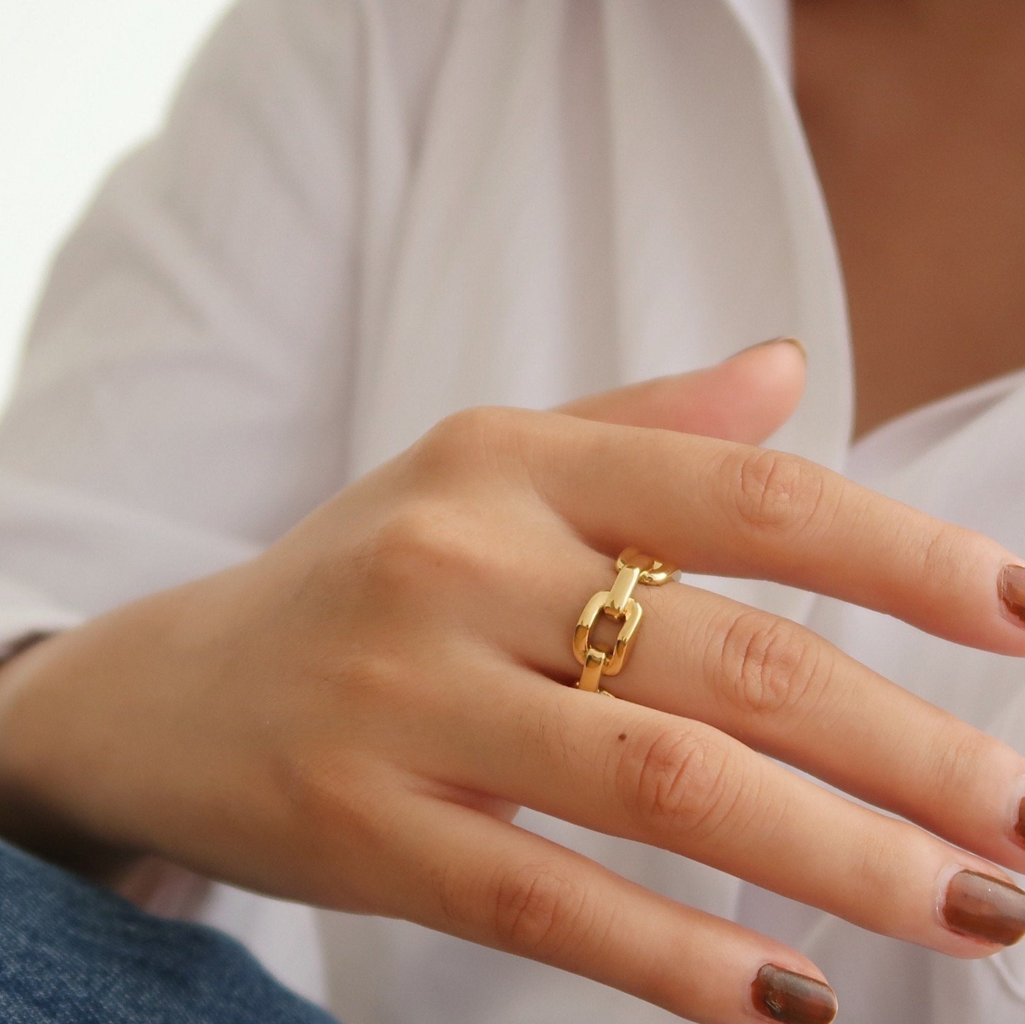 Gold Linked Chain Ring, Titanium Cuban Chain Link Ring, Chunky Curb Link Ring, Stackable Dome Ring, Wide Band Statement Ring, Gift for Her