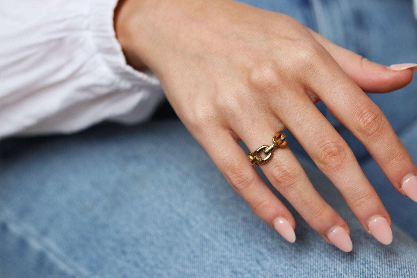 Gold Linked Chain Ring, Titanium Cuban Chain Ring, Dainty Link Ring, 18k Gold Stackable Dome, Wide Band Statement Ring, Gift for Her