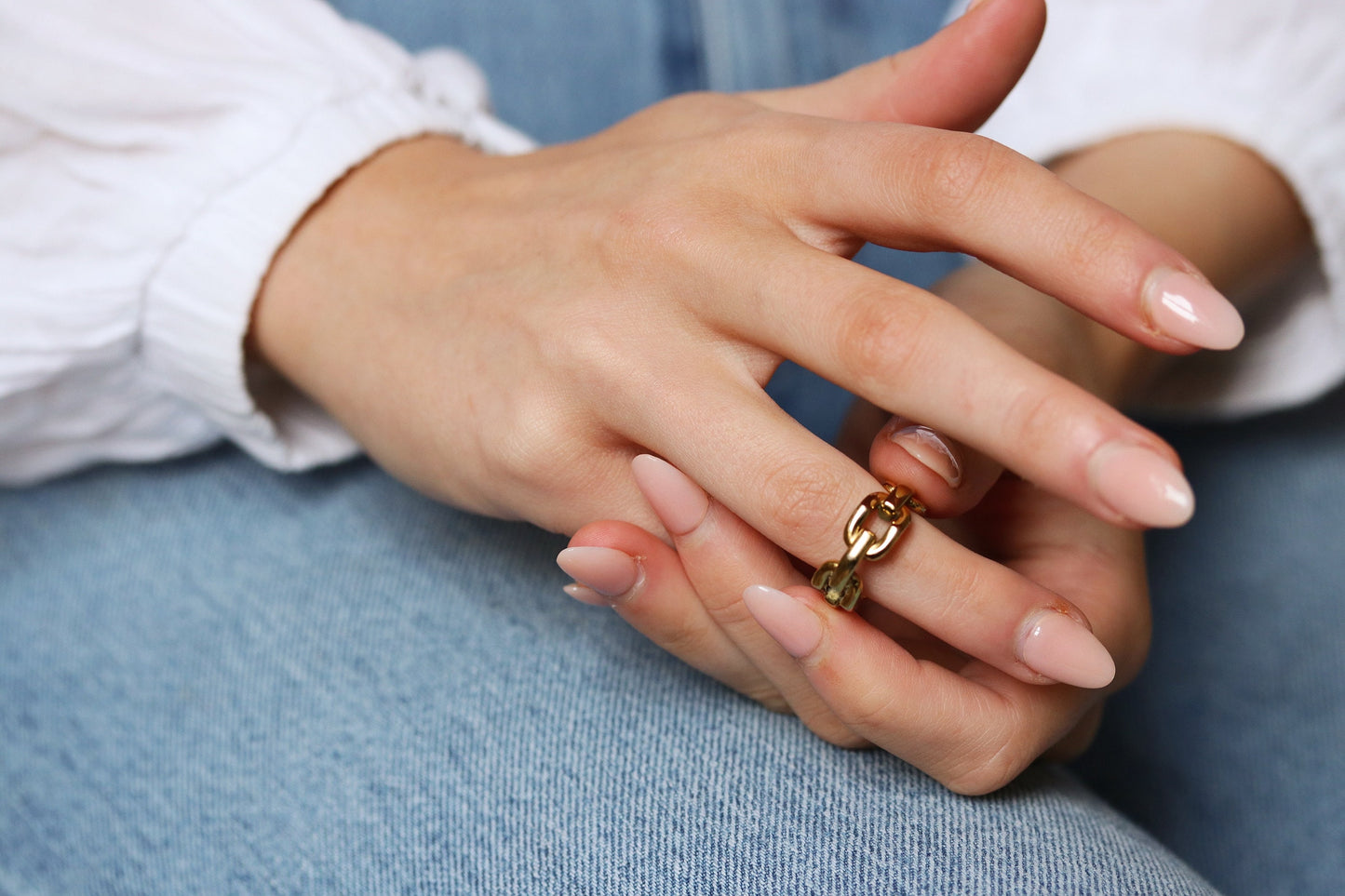 Gold Linked Chain Ring, Titanium Cuban Chain Ring, Dainty Link Ring, 18k Gold Stackable Dome, Wide Band Statement Ring, Gift for Her