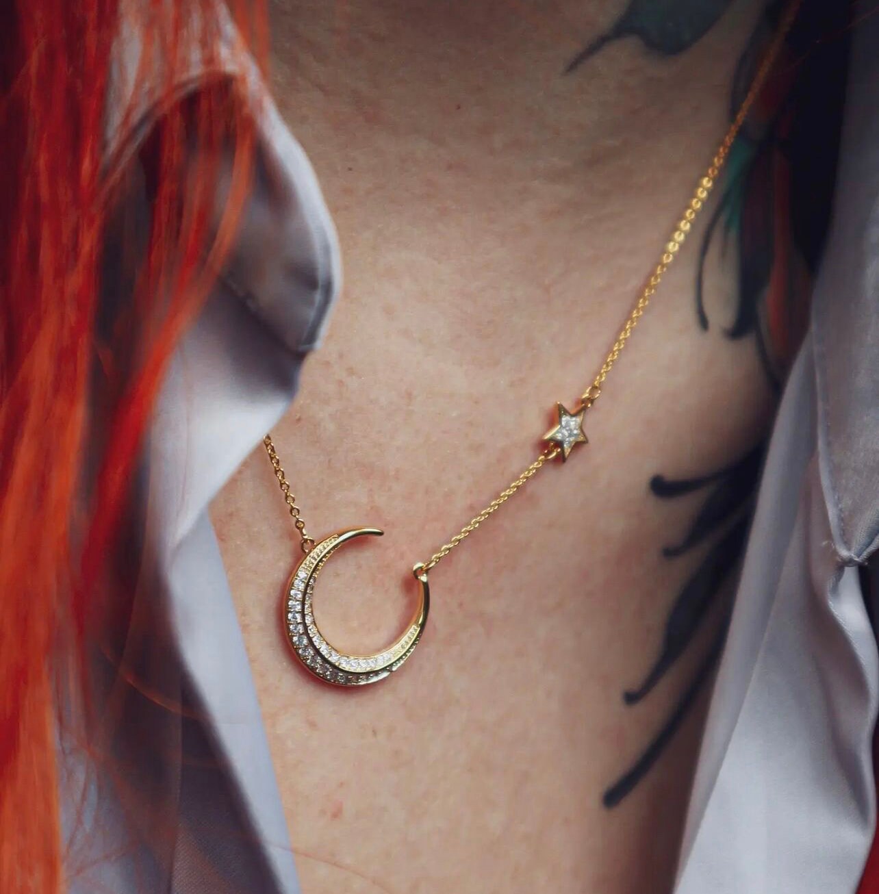 Star to the Moon Necklace, CZ Pave Moon Star Pendant, Gold Delicate Crescent Moon Necklace, Water Proof Minimalist Jewelry / Gift For Her