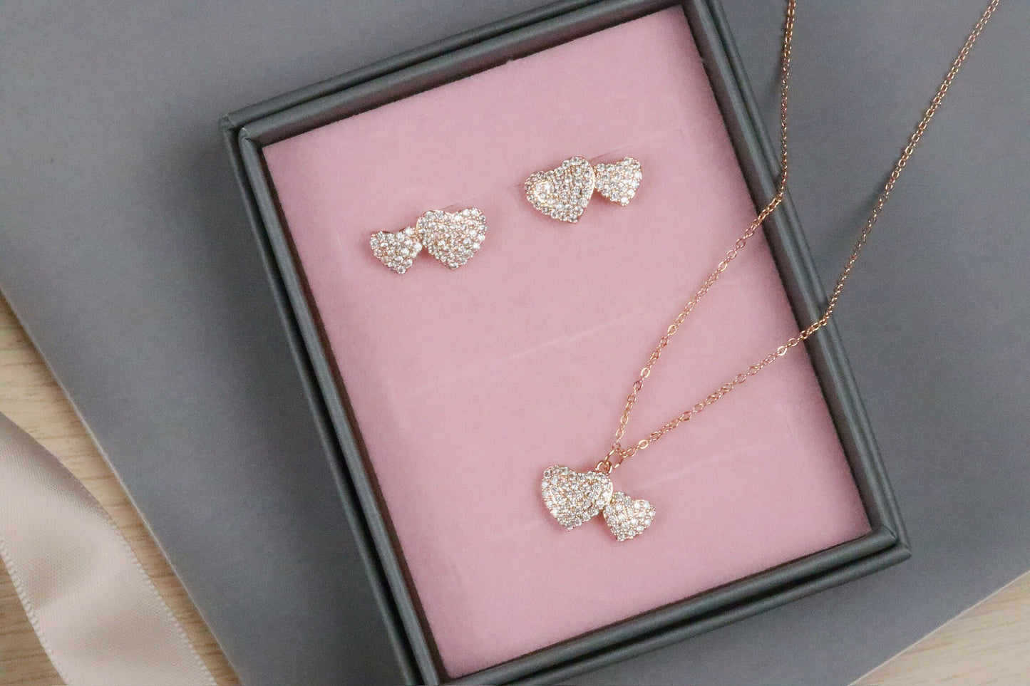 CZ Crystal Necklace Earrings Set, Charming Interlinked Love Heart Necklace, Dainty Crystal Necklace, Mother's Gift for Her, Gifts for Wife